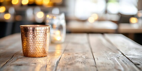 A warm, inviting setting featuring a copper cup on a rustic wooden table, blurred lights in the background create a cozy atmosphere.