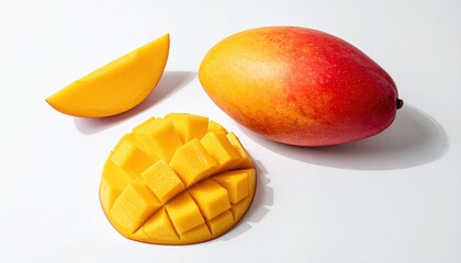 Close-up of a whole mango with sliced and cubed pieces, showcasing vibrant colors and juicy texture on a white background.