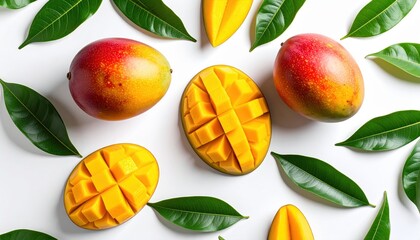 Top view of ripe mangoes and green leaves on a white background, showcasing a vibrant and fresh tropical fruit arrangement.