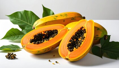 Ripe papaya halves with seeds displayed alongside green leaves on a white surface, showcasing vibrant colors and textures.
