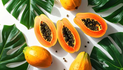 ** Sliced papayas and tropical leaves arranged on a white surface, illuminated by natural sunlight, creating vibrant shadows. **
