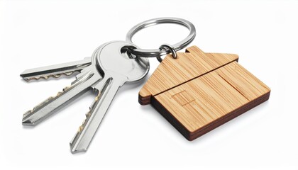 Close-up of a wooden house-shaped keychain with silver keys, representing home ownership, real estate, and security.