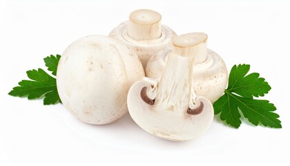 Close-up of fresh white mushrooms and parsley leaves, perfect for culinary, health, and organic food themes.