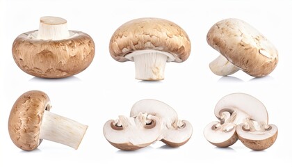 High-resolution image of fresh brown mushrooms, both whole and sliced, isolated on a white background.