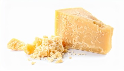 Aged Parmesan cheese wedge with crumbles on a white background, perfect for culinary and food photography.