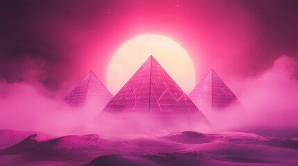 A mystical scene of pyramids under a vibrant pink sunset with ethereal fog.
