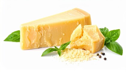A wedge of Parmesan cheese with grated pieces, fresh basil leaves, and peppercorns on a white background.