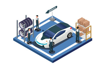Isometric illustration of the process of repairing and checking vehicles regularly at an authorized workshop, suitable for use as digital assets related to car service.