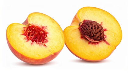 Close-up of two fresh peach halves showcasing vibrant colors and textures, perfect for food and health-related themes.