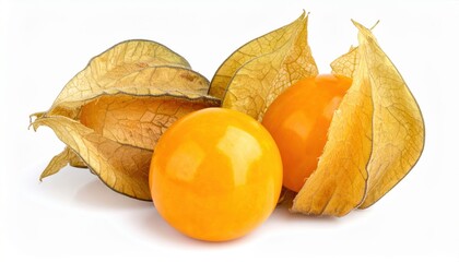 Close-up of fresh physalis fruit with husk, showcasing vibrant orange color and natural texture on a white background.
