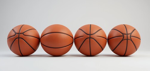 Four realistic basketballs aligned in a row on a plain white background with clear textures