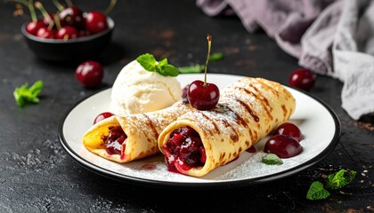 Tasty cherry-filled crepes served with ice cream, garnished with mint on a dark rustic table setting.