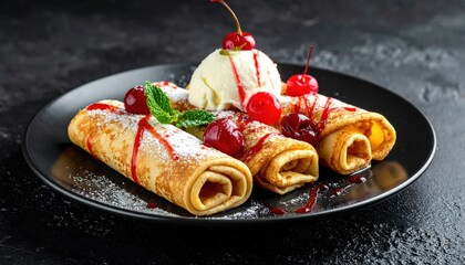 ** Tasty crepes topped with ice cream, cherries, and mint, drizzled with syrup on a black plate. Perfect for dessert-themed projects. **