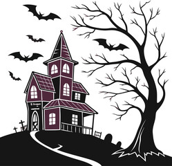 Haunted old spooky house in a dark forest with a moon in the sky