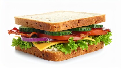Tasty sandwich featuring fresh ingredients like lettuce, tomato, cheese, and bacon on whole grain bread, isolated on a white background.