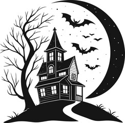 Vector illustration of a spooky haunted house and tree silhouette against a dark autumn night sky with bats flying toward a full moon