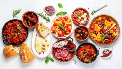 A vibrant display of Mediterranean cuisine featuring olives, bread, and various tapas dishes, perfect for food photography and culinary inspiration.