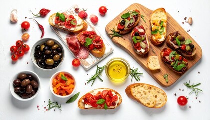 A vibrant Italian antipasto platter featuring bruschetta, olives, and fresh ingredients, perfect for culinary and food photography.