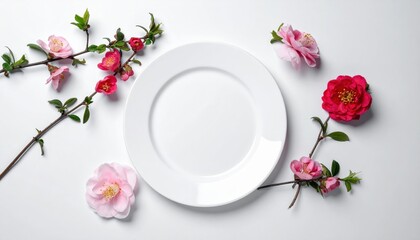 A minimalist composition featuring a white plate with pink and red flowers on a white background, perfect for culinary or floral themes.