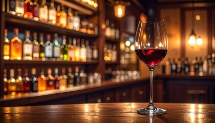 A sophisticated wine glass filled with red wine on a wooden bar counter, surrounded by warm ambient lighting and a backdrop of various bottles.