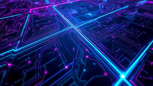 Abstract visualization of a glowing digital circuit board with intricate pathways and nodes.