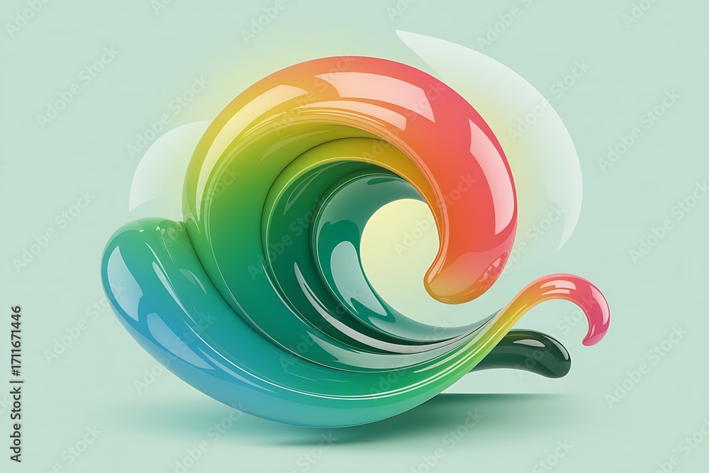 Poster swirling abstract 3d shape with rainbow gradient and soft light reflections wave