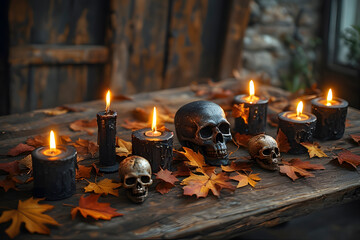 ia generated. Halloween Decorations. Rustic wooden table with burning black candles, skull ornaments, and autumn leaves, photorealistic
