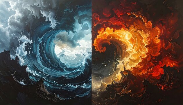 A dramatic digital painting depicting the elemental clash between a swirling water wave and a fiery vortex, symbolizing duality and opposition.