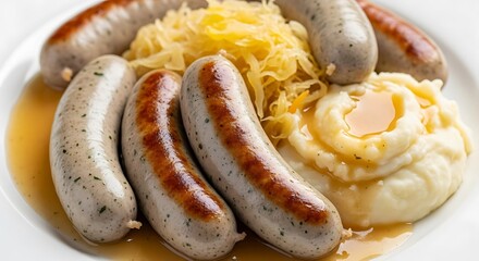 Delicious German Sausages with Sauerkraut and Mashed Potatoes.