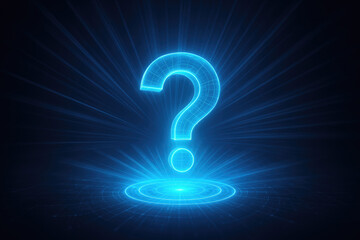 Bright Blue Question Mark Emitting Light Rays On A Dark Digital Grid symbol technology