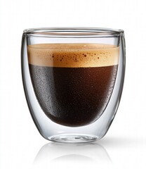 Double-Walled Glass Cup with Espresso for International Coffee Day, Hyper-Realistic Still Life on White Background, Premium Coffee Branding and Holiday Promotion