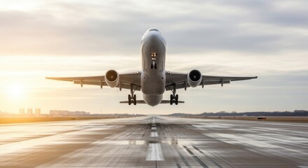 Airplane taking off from runway during sunset with dramatic clouds and sun flare