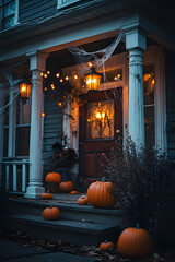 ia generated. Halloween Decorations. Victorian-style front porch decorated with spider webs, pumpkins, and hanging lanterns, cinematic evening light
