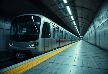Fototapeta premium Modern metro train stopped at a sleek underground tunnel station with illuminated lights