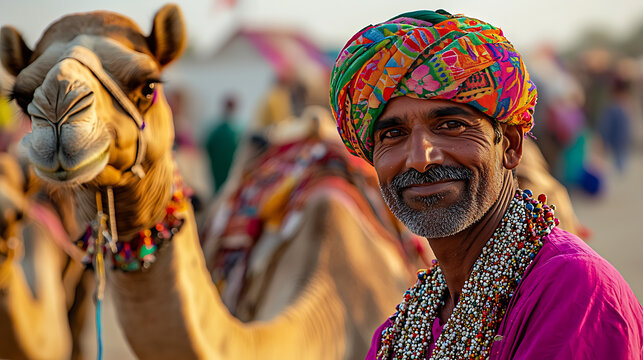 In the golden sands of Rajasthan, the Pushkar Camel Fair bursts to life with thousands of camels adorned in bright fabrics, beaded necklaces, and painted patterns parading through the desert.