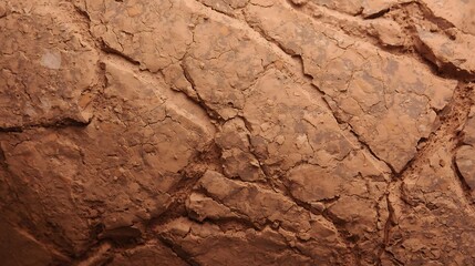 Close-up view of a cracked, reddish-brown rock surface showing intricate geological patterns and textures.