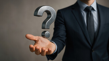 Businessman holding a large metallic question mark symbol in his open palm