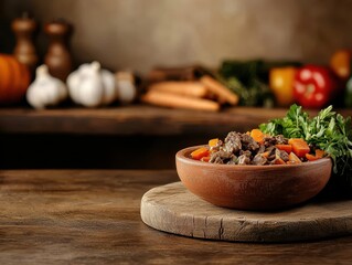 A rustic bowl of hearty stew filled with vegetables, set against a warm, cozy kitchen backdrop with assorted produce.