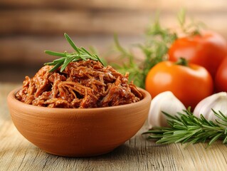 A bowl of shredded meat garnished with herbs, alongside fresh tomatoes and garlic, set against a blurred wooden background, creating a rustic culinary scene.