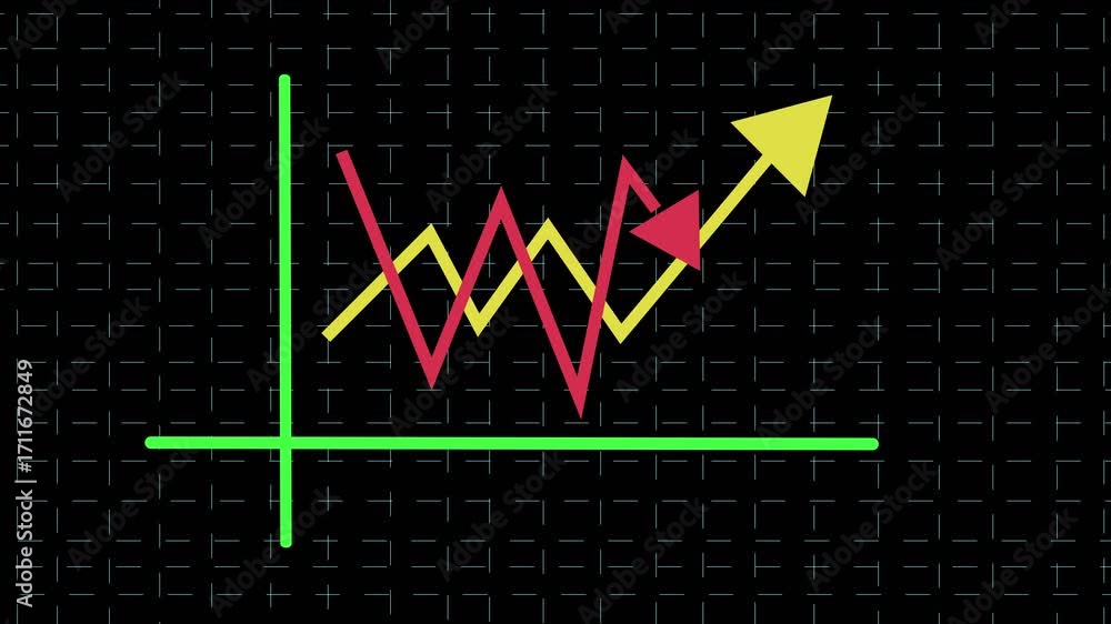 Poster data visualization with animated upward arrows showing business finance success in yellow red and gr