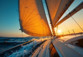 Sailing a yacht at sunset with golden sails catching the light on open water