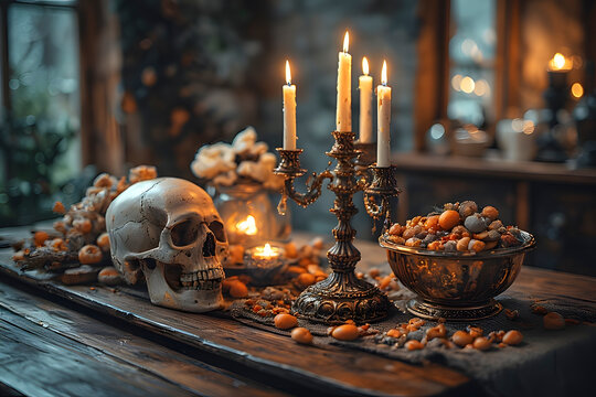 ia generated. Halloween Decorations. Table centerpiece with skull, candelabra, and candy bowl, warm candlelight
- Powered by Adobe