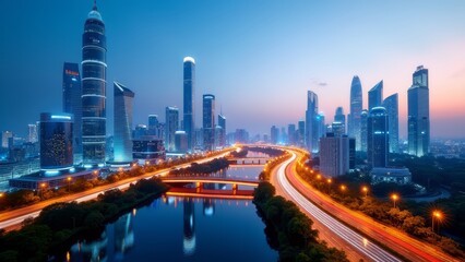 Naklejka premium Cityscape at dusk, modern urban infrastructure