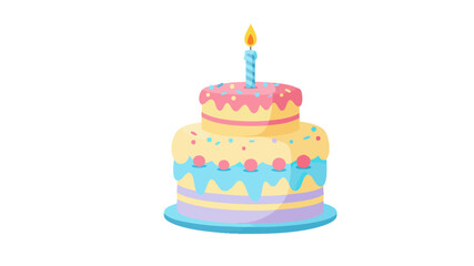 A colorful two-tiered birthday cake with frosting, sprinkles, and a lit candle on top.