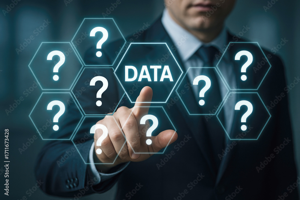 Poster businessman's finger touching a glowing hexagon with the word data surrounded by question marks data