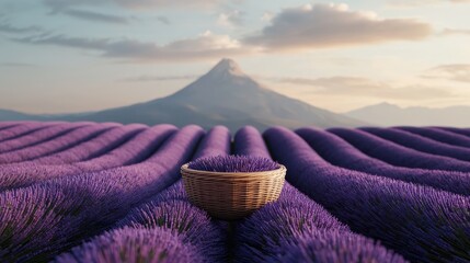 A serene lavender field with a basket under a majestic mountain backdrop at sunset.