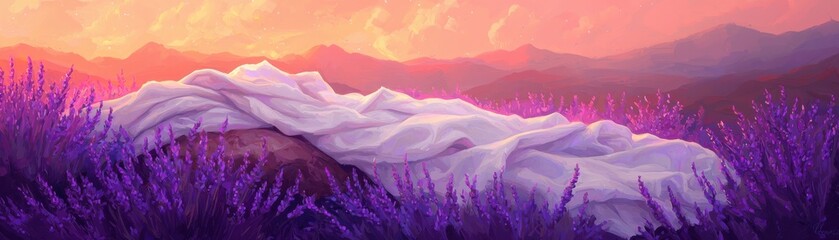A serene lavender field at sunset, with a soft blanket creating a peaceful vibe.