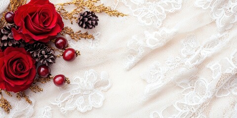 A beautiful arrangement of red roses, pine cones, and berries on delicate lace fabric, creating an elegant and romantic atmosphere.