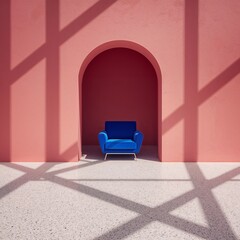 Minimalist Interior with Blue Chair and Arched Wall