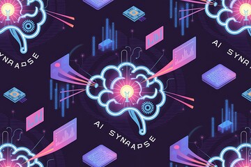 Seamless pattern of stylized AI brains with glowing circuits and data visualizations on a dark purple background